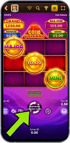 Jeu Coin Volcano - Bouton de rotation turbo
