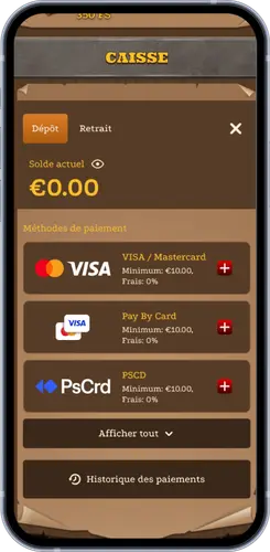 Page de dépôt - Méthodes de paiement Lizaro Casino