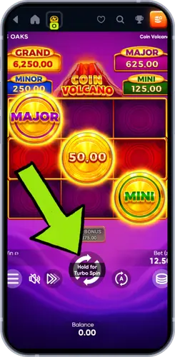 Inicio del juego Coin Volcano - Pantalla de apuestas y botón Spin