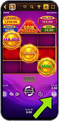 Jeu Coin Volcano - Écran de mise et jackpots