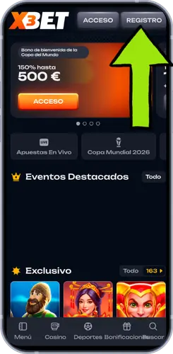 Página principal del casino con botón de Registro destacado