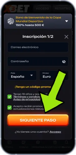 Primera etapa del registro - Correo electrónico y contraseña