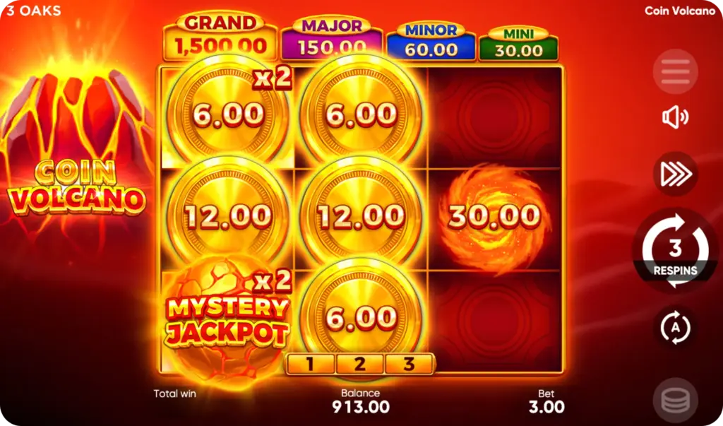 Coin Volcano – bonus Hold and Win avec Mystery Jackpot x2